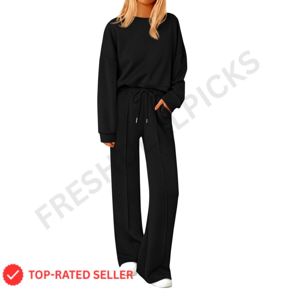 Trendy Loungewear Set Long Sleeve Sweatshirt Wide Leg Pants Matching Sweatsuit